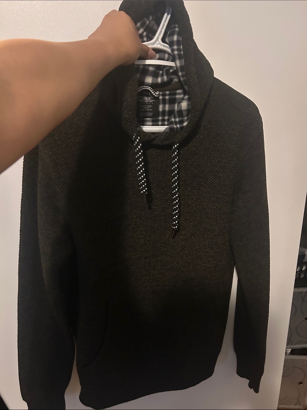 Men's Black Hooded Knit Sweater with Plaid Lining (fits med)